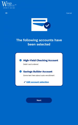 account selection confirmation for new member onboarding